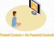 Fast Fact: Pirated Content = No Parental Controls Illustration showing child in front of TV with pirate danger on screen.