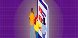 Four Ways to Protect Yourself from Pirated Content Portion of infographic illustrating three adults selecting content on screen with pirate danger signs. Protect yourself from pirated content.