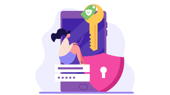 Ill_3col_PasswordShare illustration of mobile phone with seated figure, key and shield