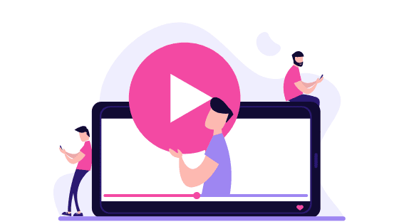 Ill_3col_howToStream illustration of mobile screen with three figures using phone or carrying play arrow