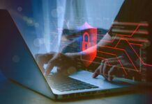 How Digital Piracy Affects the U.S. Economy Person’s hands typing on a laptop overlaid with a cybersecurity design.