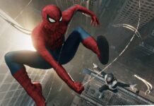 Upcoming Movies: Spider-Man: Brand New Day (2026) spider man swinging in the city with sunset in the background